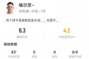 维尔茨本场1射0正+1失良机 1关键传球+5对抗2成功 获评6.3分